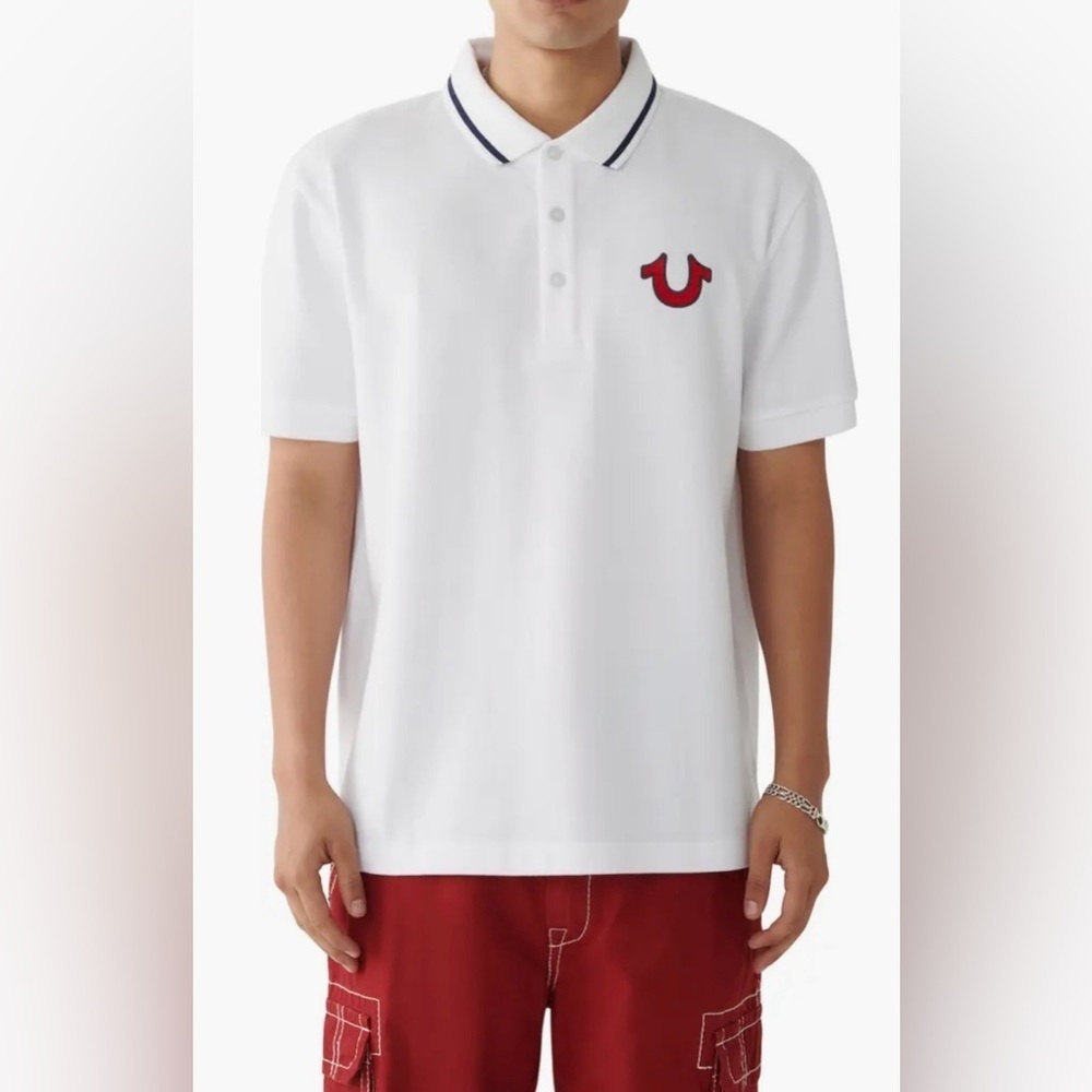 True Religion White Polo Shirt with Red Logo Graphic Polo